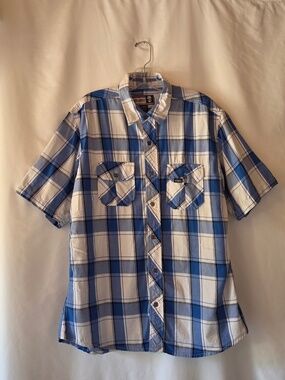 Hillbilly Flannel Co Short Sleeve Shirt Blue White Plaid Western Workwear Size L